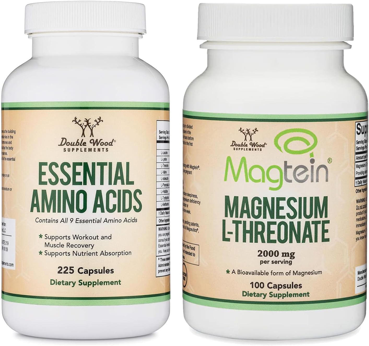 225 Capsules of Double Wood Supplements Essential Amino Acids and 100 Capsules of Magnesium L Threonate, High-Dose Serving Sizes