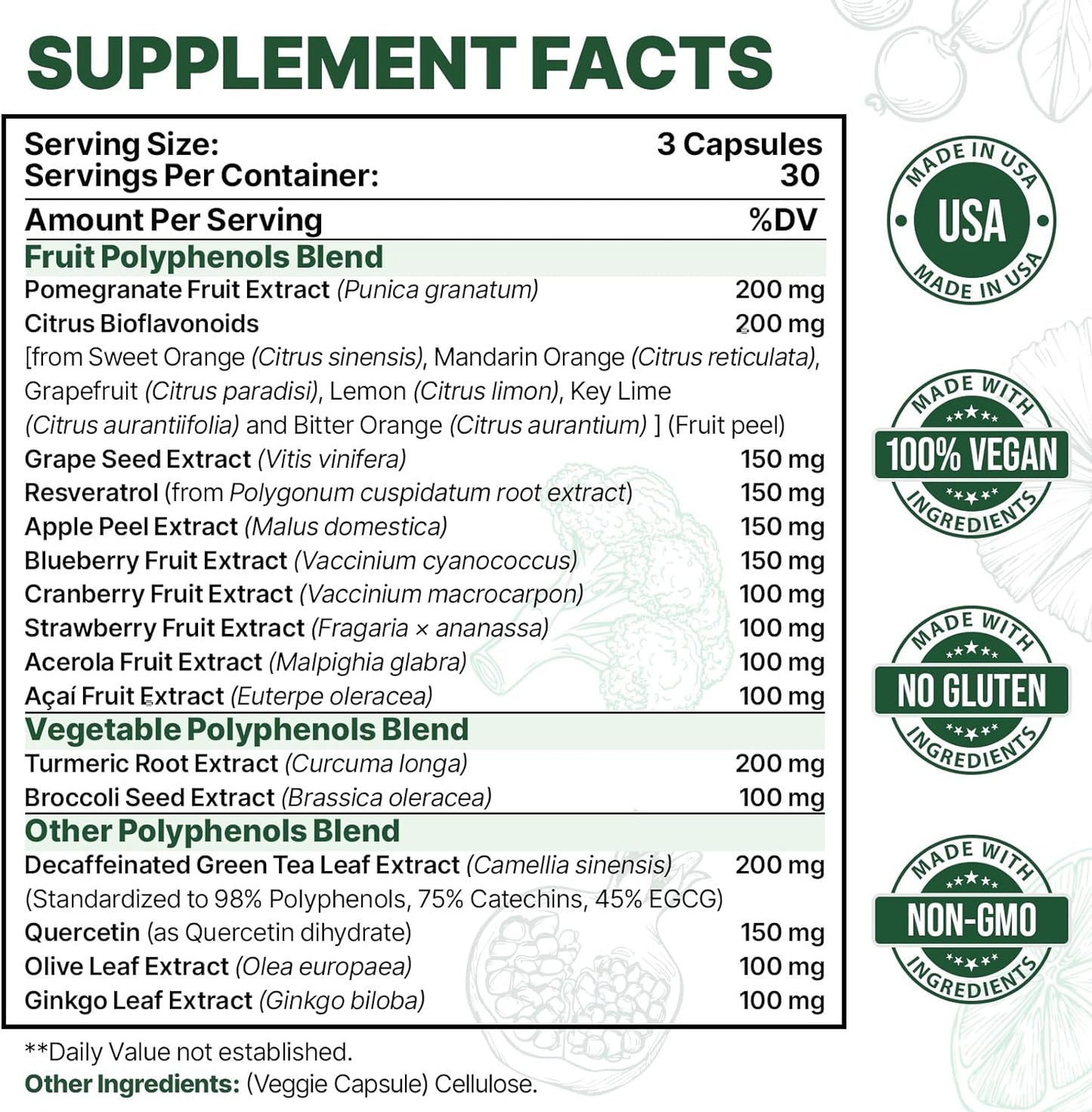2250 MG Polyphenols Supplement with Quercetin, Resveratrol, Turmeric, Green Tea - Antioxidant Blend for Age Defense - 90 Capsules