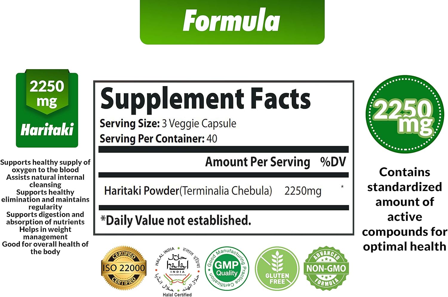 2250MG Cona Nature Organic India Haritaki Capsules for Digestion & Regularity - Vegan Non-GMO Gluten-Free Herbal Supplement, 120 Capsules