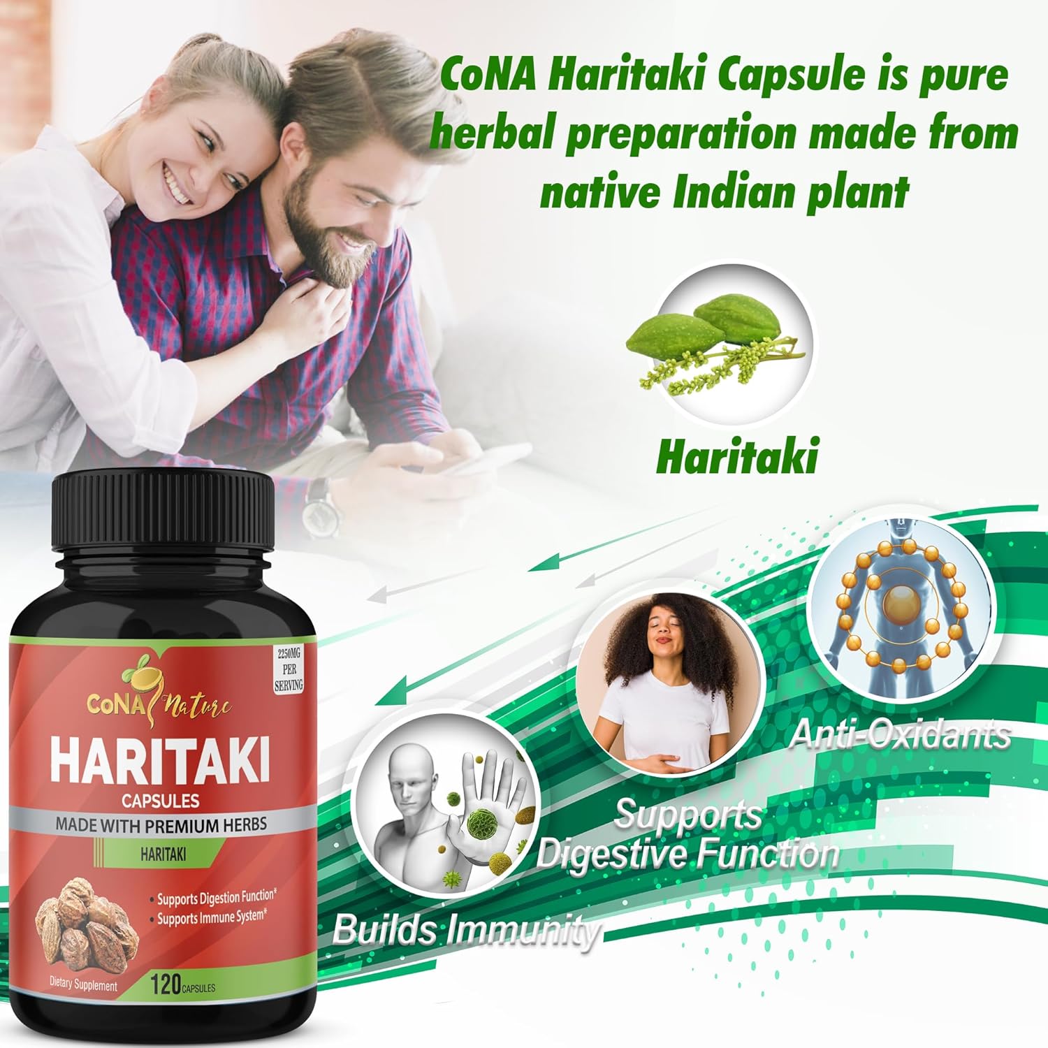 2250MG Cona Nature Organic India Haritaki Capsules for Digestion & Regularity - Vegan Non-GMO Gluten-Free Herbal Supplement, 120 Capsules