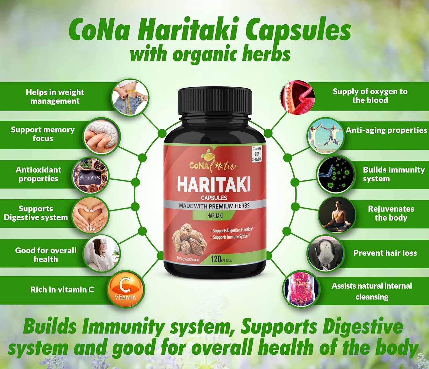 2250MG Cona Nature Organic India Haritaki Capsules for Digestion & Regularity - Vegan Non-GMO Gluten-Free Herbal Supplement, 120 Capsules