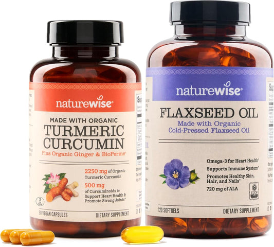 2250mg Curcumin Turmeric & 1200mg Flaxseed Oil Softgels for Joint, Heart & Immune Support - Omega 3 6 9 [1 & 2 Month Supply]