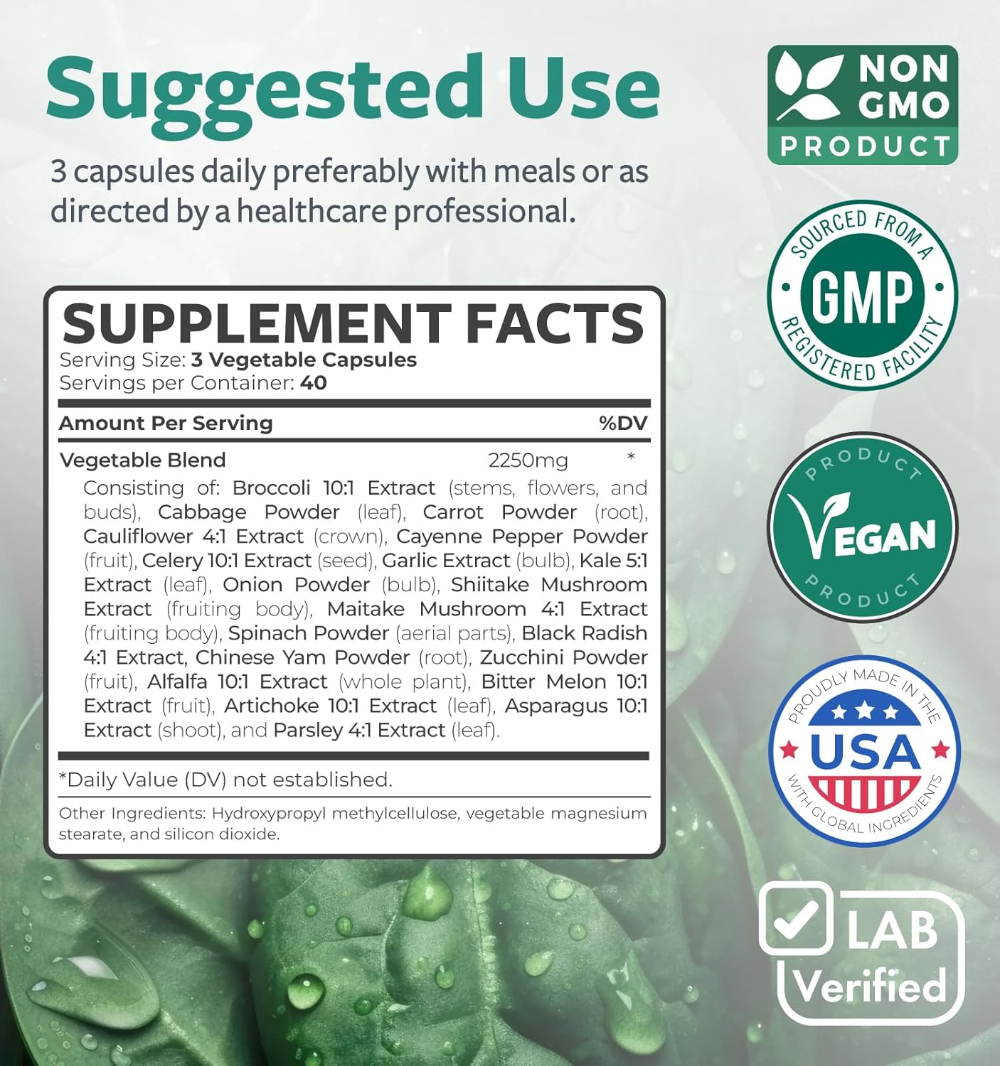 2250mg Super Greens Antioxidants Superfoods Supplement - 20 Ingredients with Sprouts, Mushrooms, Roots - NON GMO - 120 Capsules