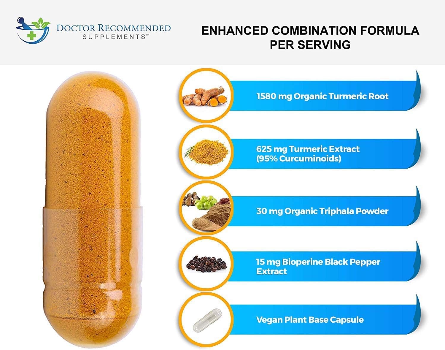 2250mg Turmeric Curcumin with Bioperine, Triphala, and Black Pepper Extract - 540 Veg Caps - Doctor Recommended Supplement