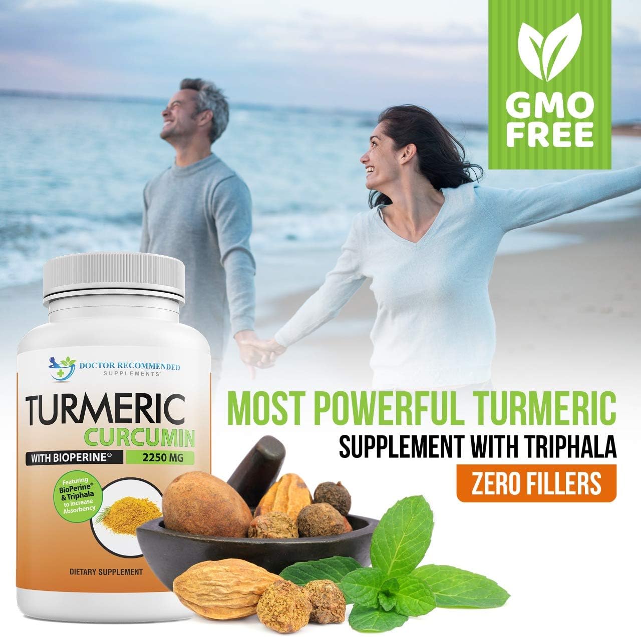 2250mg Turmeric Curcumin with Bioperine, Triphala, and Black Pepper Extract - 540 Veg Caps - Doctor Recommended Supplement