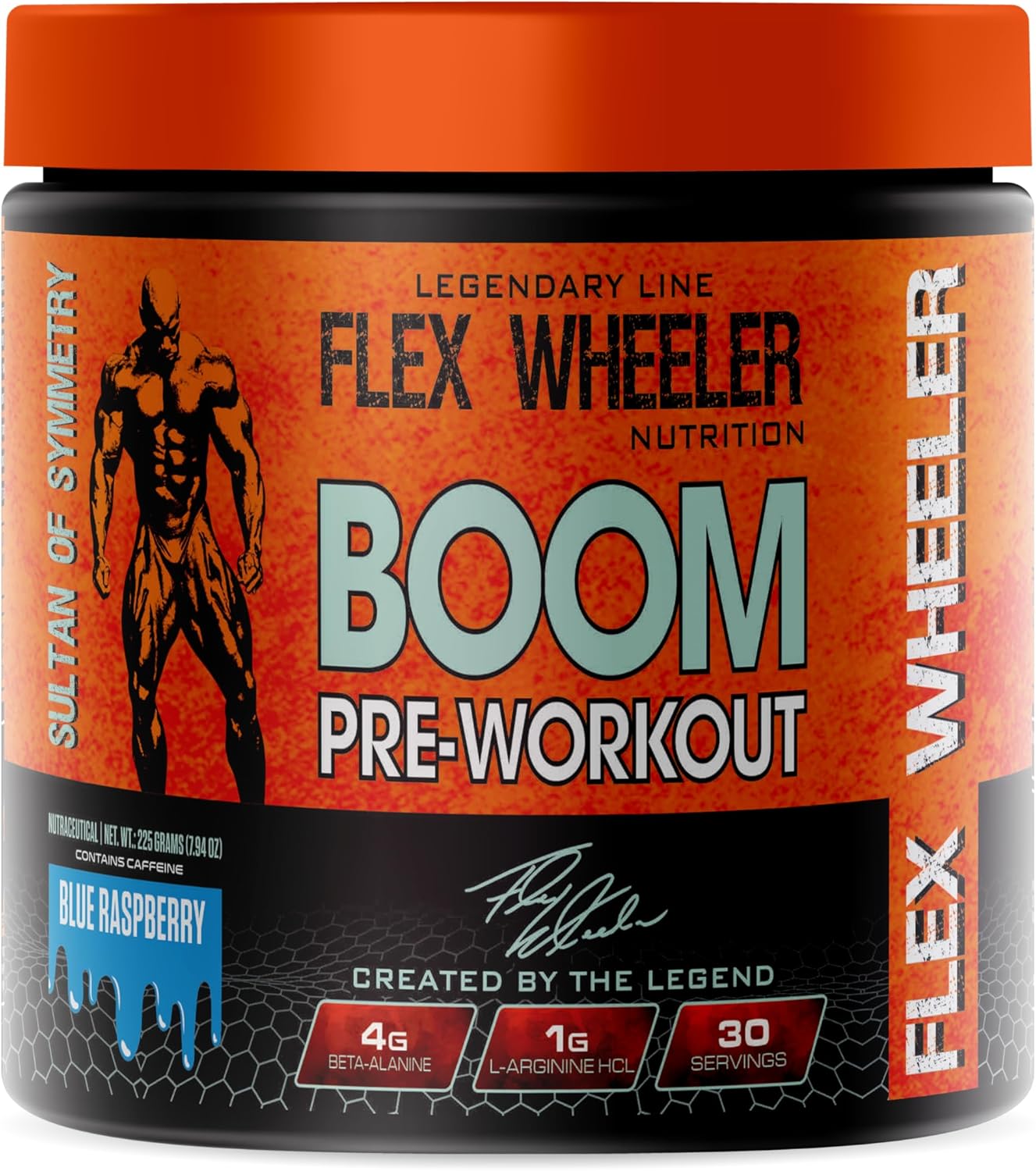 225g of Blue Raspberry Boom Pre Workout by Flex Wheeler Nutrition - 30 Servings