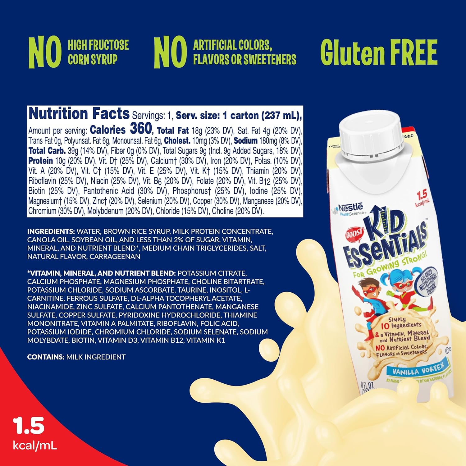 24 Count Vanilla Vortex Boost Kid Essentials 1.5 Balanced Nutritional Drink for Children