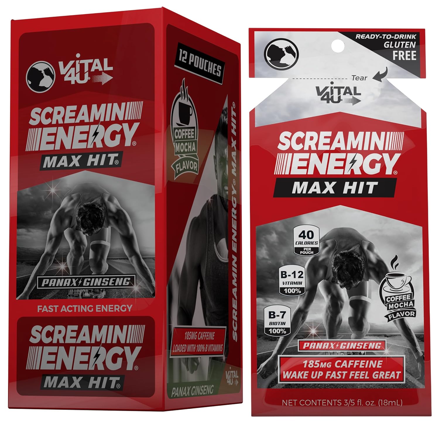 24 Ct VITAL 4U Screamin Energy Max Hit Coffee Mocha Shots with Ginseng & Caffeine