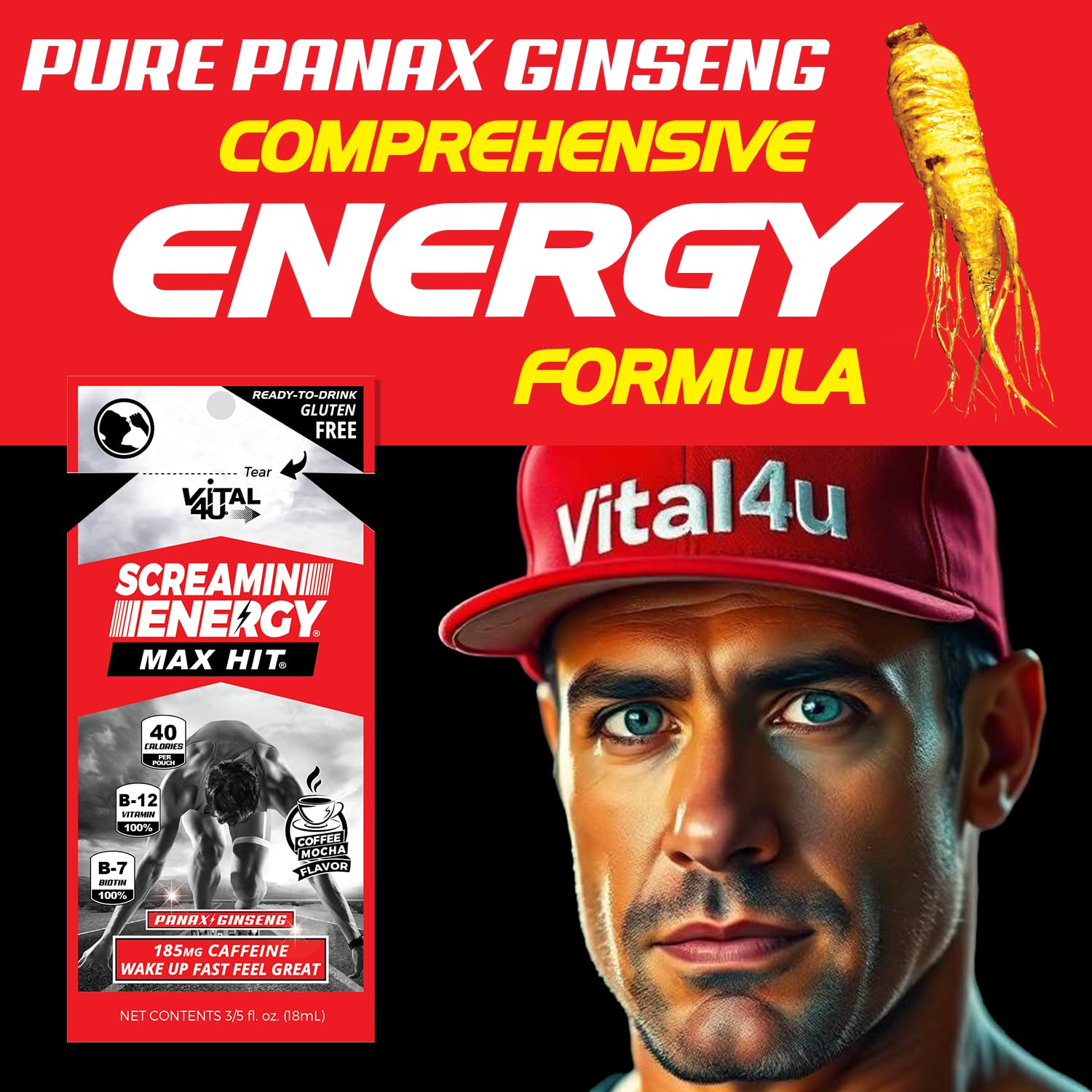 24 Ct VITAL 4U Screamin Energy Max Hit Coffee Mocha Shots with Ginseng & Caffeine