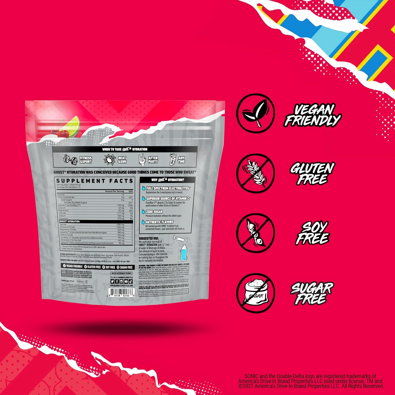 24 GHOST Hydration Packets, Sonic Cherry Limeade Electrolyte Powder Drink Mix - Supplement with Magnesium, Potassium, Calcium & Vitamin C - Vegan, Soy, Sugar, Gluten-Free