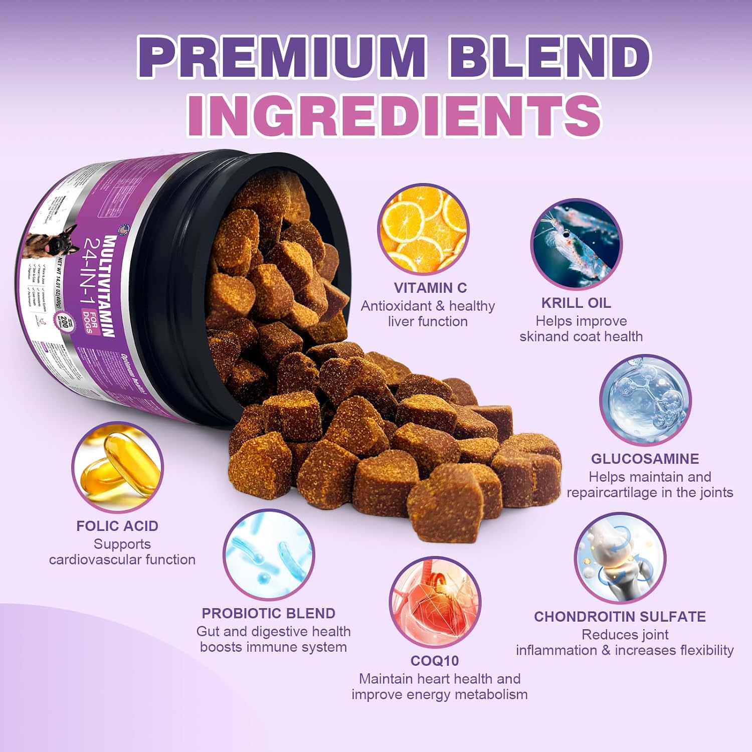 24-in-1 Dog Vitamins & Supplements with Glucosamine, Chondroitin & Omega-3 - Senior & Puppy Multivitamin for Coat, Heart, Joints, Digestion, Immune Support - Chewable Dog Vitamin