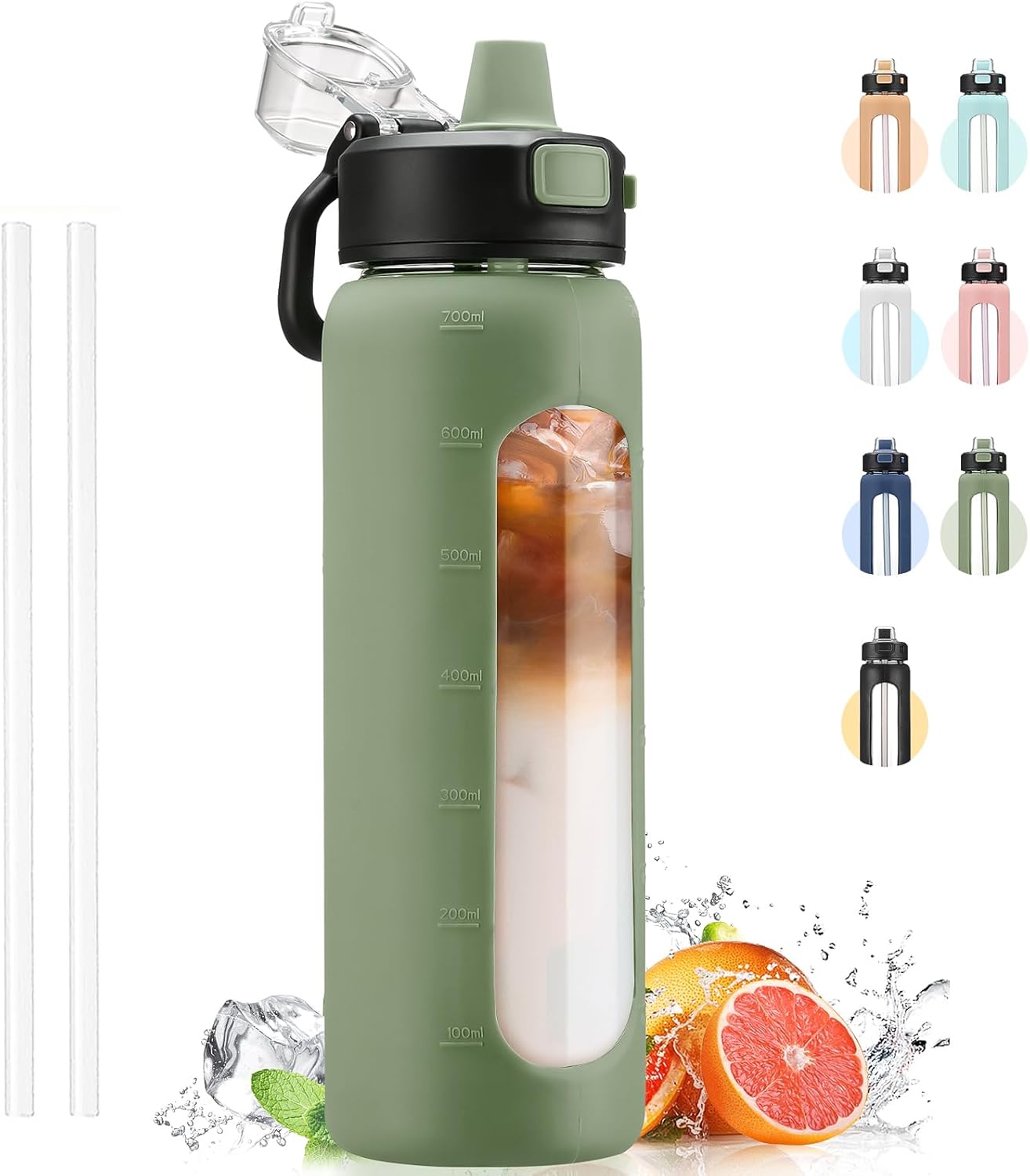 24 oz Glass Water Bottle with Straw, Leak Proof Lid, Carry Handle, Time Marker - Olive Green - Small Clear Travel Sports Jug