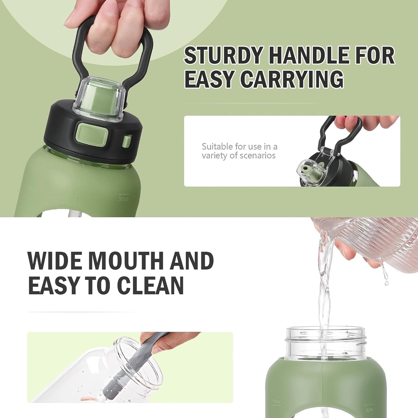 24 oz Glass Water Bottle with Straw, Leak Proof Lid, Carry Handle, Time Marker - Olive Green - Small Clear Travel Sports Jug
