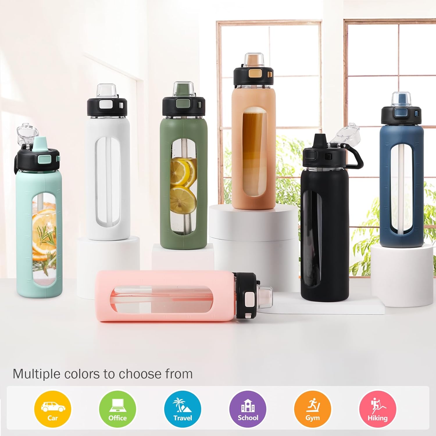 24 oz Glass Water Bottle with Straw, Leak Proof Lid, Carry Handle, Time Marker - Olive Green - Small Clear Travel Sports Jug