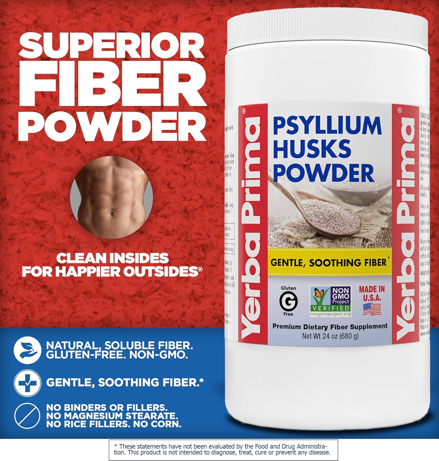 24 oz Yerba Prima Psyllium Husk Powder: Fine Ground, Unflavored, Sugar-Free Fiber Supplement - Ideal for Baking - Soluble & Insoluble Bulk for Regularity