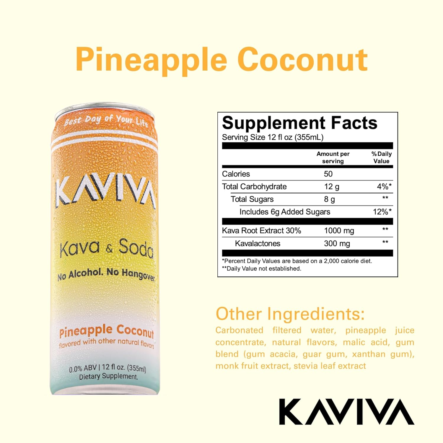 24-Pack Kaviva Pineapple Coconut Kava & Soda Seltzer: Low-Cal, Gluten-Free, Vegan Drink for Social Buzz