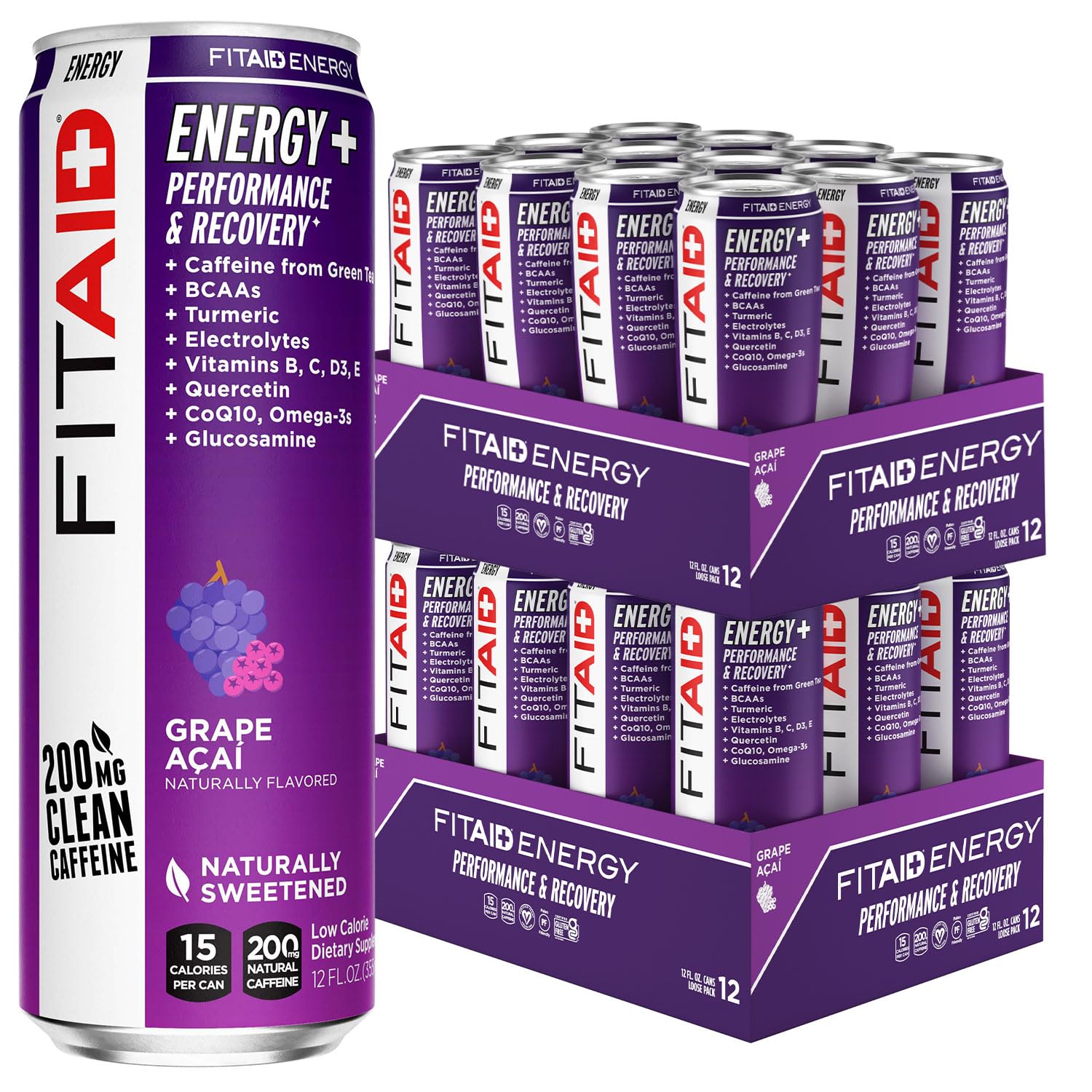 24 Pack LIFEAID FITAID Energy Grape AÇAI Drink with 200mg Natural Caffeine - Keto Pre-Workout Performance Beverage with BCAAs, Quercetin, Electrolytes, Omega-3s - 15 Calories, Paleo, Vegan, Gluten-Free