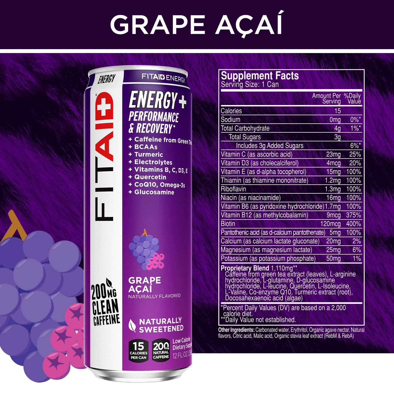 24 Pack LIFEAID FITAID Energy Grape AÇAI Drink with 200mg Natural Caffeine - Keto Pre-Workout Performance Beverage with BCAAs, Quercetin, Electrolytes, Omega-3s - 15 Calories, Paleo, Vegan, Gluten-Free