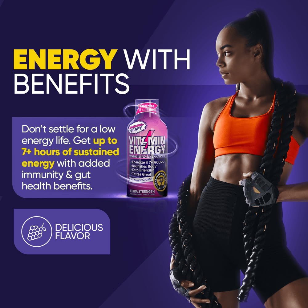 24 Pack of Grape Flavored Vitamin Energy Extra Strength Energy Drink Shots - Immunity Formula with Natural Nutrients for 7+ Hours Energy Support, Sugar & Carb-Free