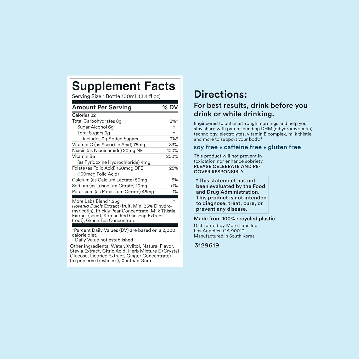 24 Pack of More Labs Morning Recovery Electrolyte Drink with Milk Thistle, DHM, and Sugar-Free Lemon Flavor for Hydration and Morning Recovery