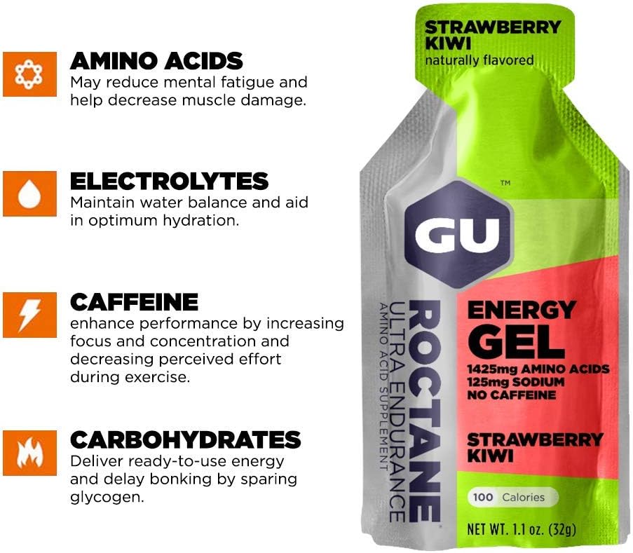 24 Packets of Vegan Gluten-Free GU Energy Roctane Ultra Endurance Energy Gel for Running, Biking, Hiking, Skiing - Strawberry Kiwi Flavor
