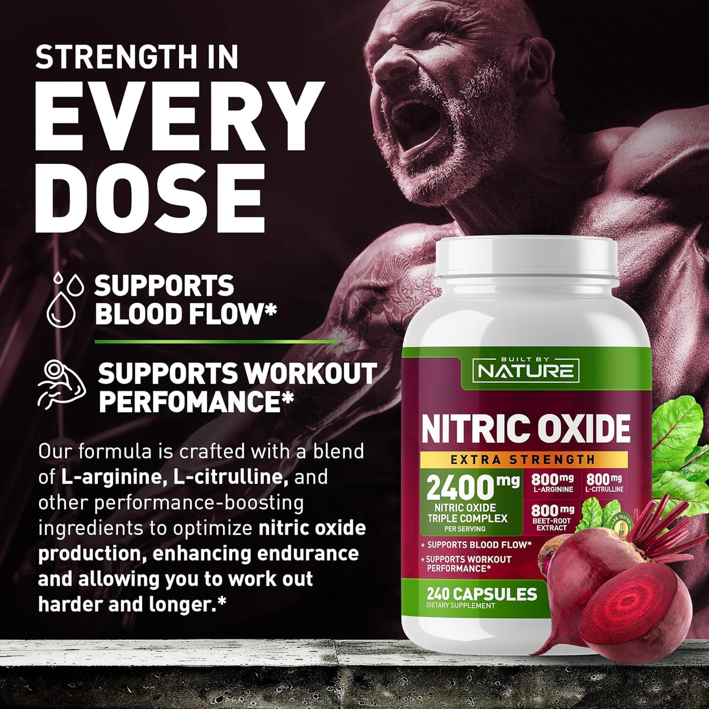 240 Capsules Nitric Oxide Supplement with L-Arginine, L-Citrulline, and Beet Root Extract - 2400mg