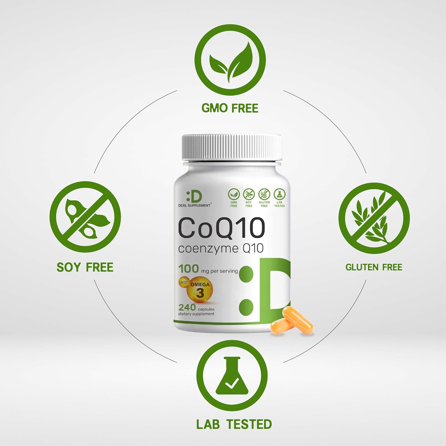 240 Capsules of CoQ10 & Omega 3 Fatty Acid Supplement for Heart, Energy, Brain Health - Bioavailable Antioxidant Support - Non-GMO Formula