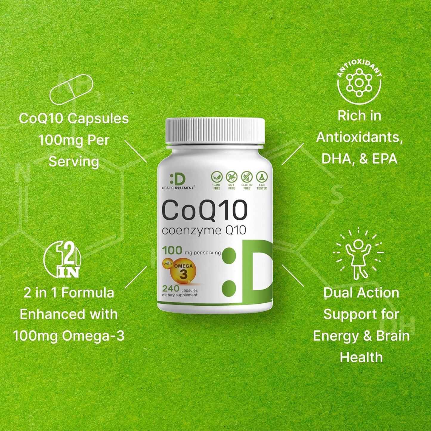 240 Capsules of CoQ10 & Omega 3 Fatty Acid Supplement for Heart, Energy, Brain Health - Bioavailable Antioxidant Support - Non-GMO Formula