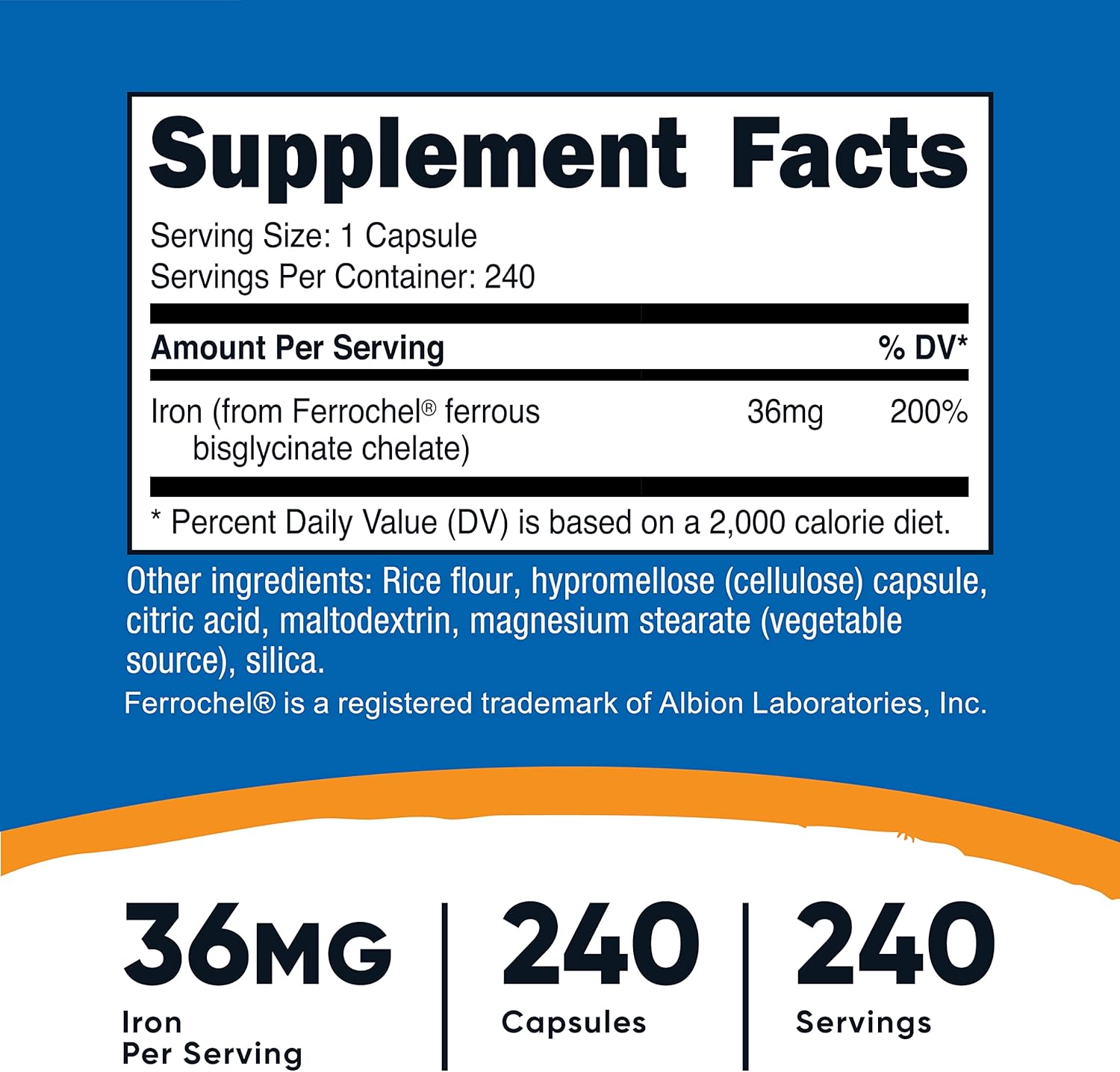 240 Capsules of Nutricost Chelated Iron (Ferrochel) 36mg - Pack of 2 Bottles