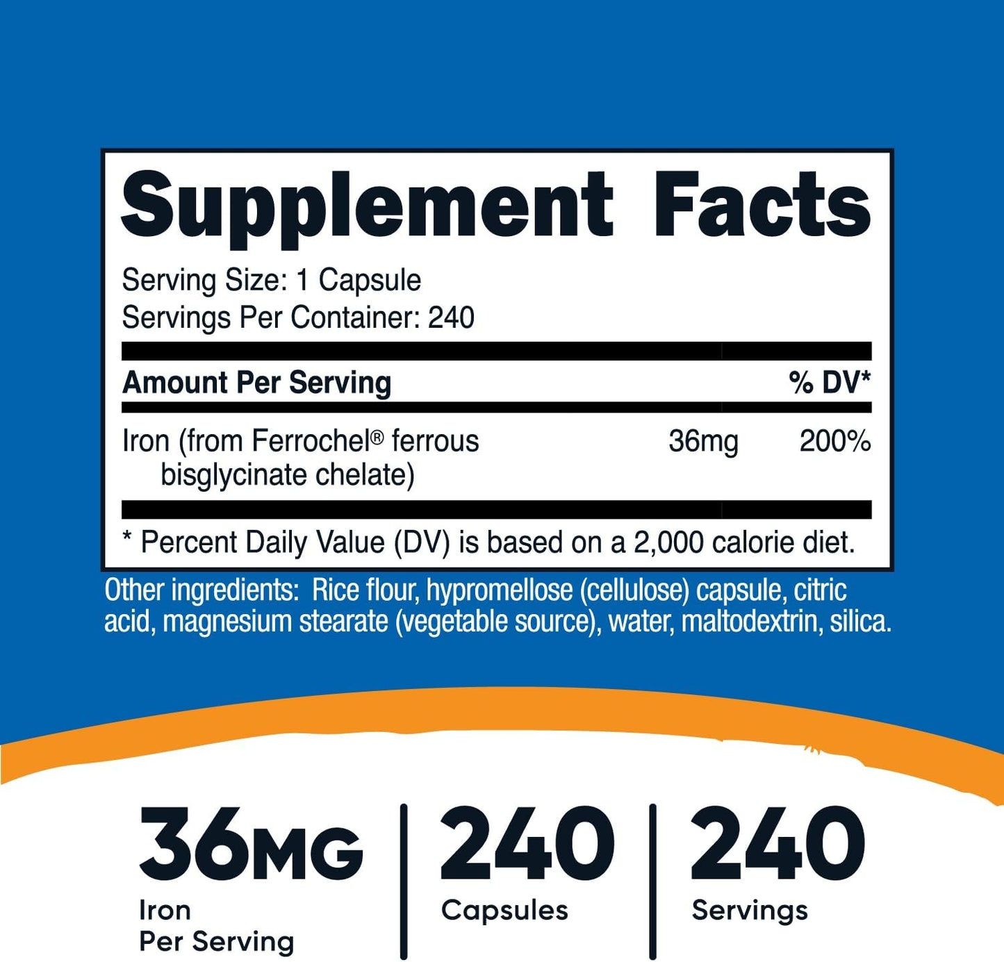 240 Capsules of Nutricost Chelated Iron with Ferrochel, 36mg dose