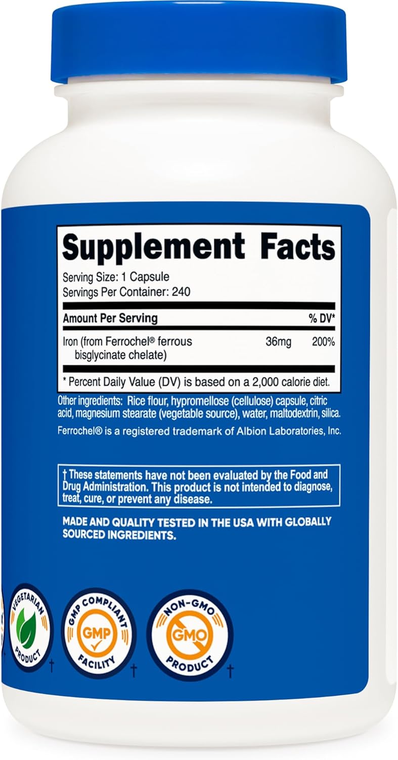 240 Capsules of Nutricost Chelated Iron with Ferrochel, 36mg dose