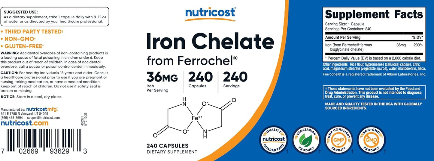 240 Capsules of Nutricost Chelated Iron with Ferrochel, 36mg dose