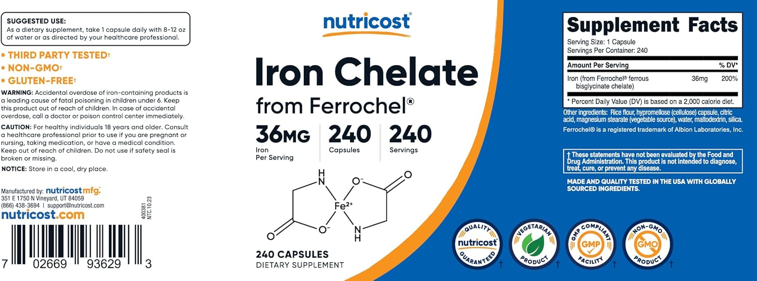 240 Capsules of Nutricost Chelated Iron with Ferrochel, 36mg dose