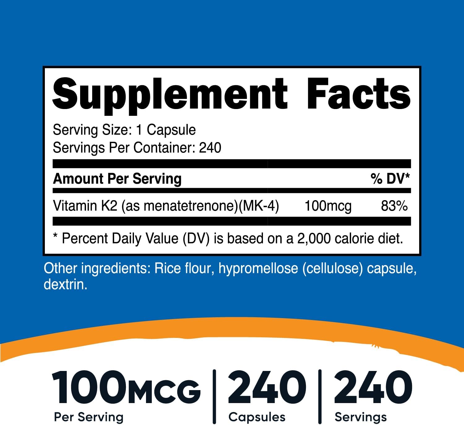 240 Capsules of Nutricost Vitamin K2 (MK4) - 100mcg, Gluten Free & Non-GMO Formula