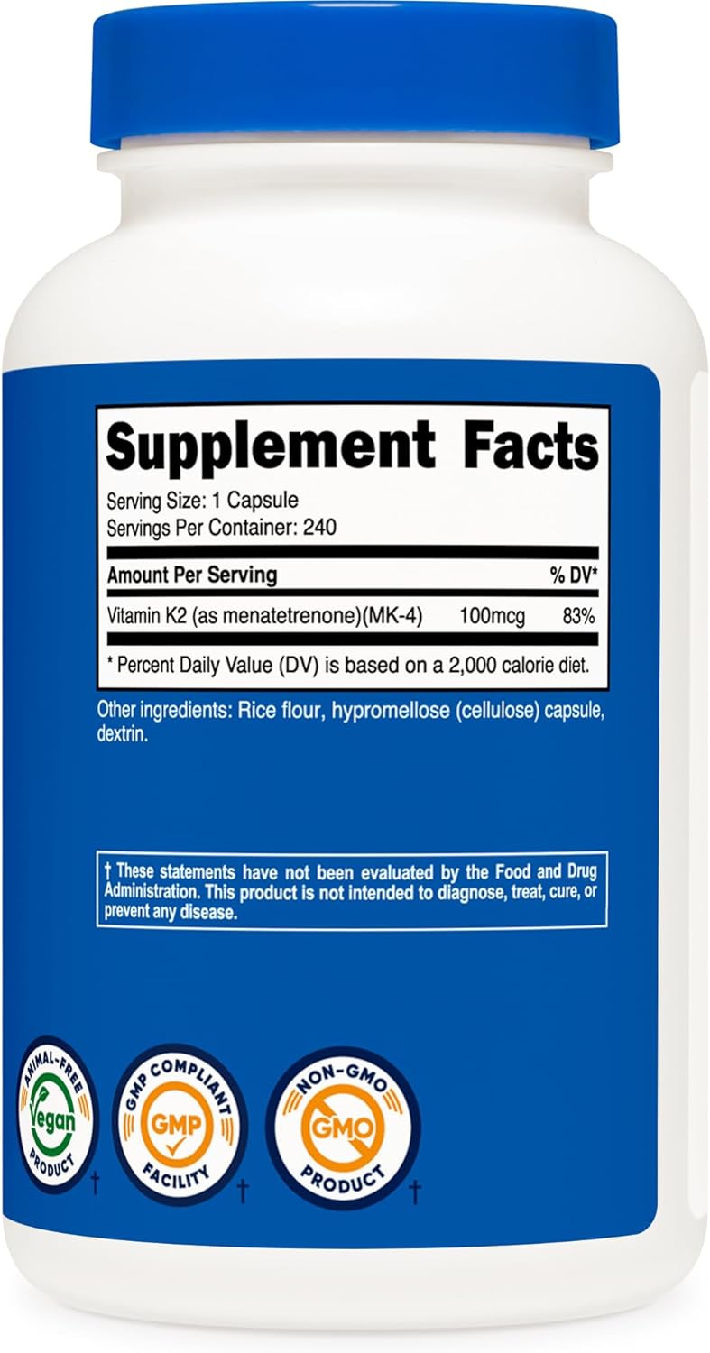 240 Capsules of Nutricost Vitamin K2 (MK4) - 100mcg, Gluten Free & Non-GMO Formula