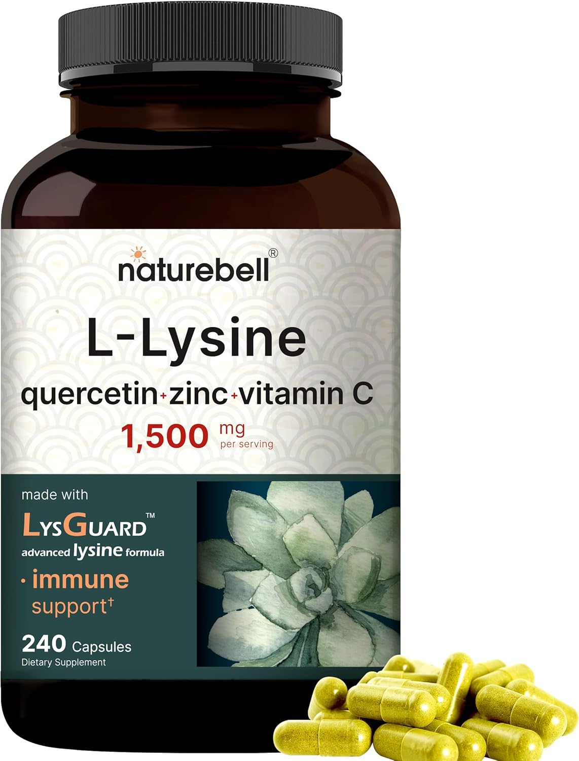 240 Count NatureBell L-Lysine 1000mg Capsules with Quercetin, Vitamin C, and Zinc - Immune Support & Skin Health Supplement