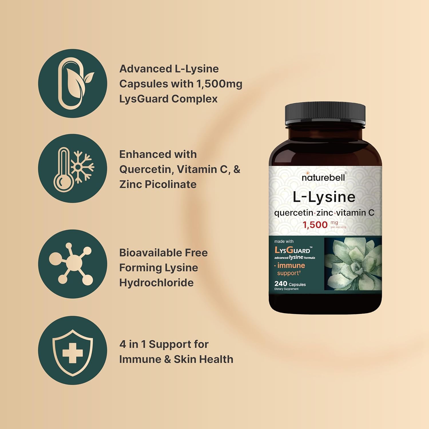 240 Count NatureBell L-Lysine 1000mg Capsules with Quercetin, Vitamin C, and Zinc - Immune Support & Skin Health Supplement