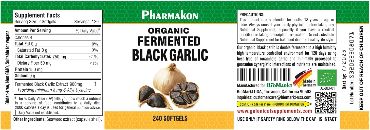 240 Count PHARMAKON Organic Aged Black Garlic Soft Capsules - High Bioavailability, Low Odor, Nutritious