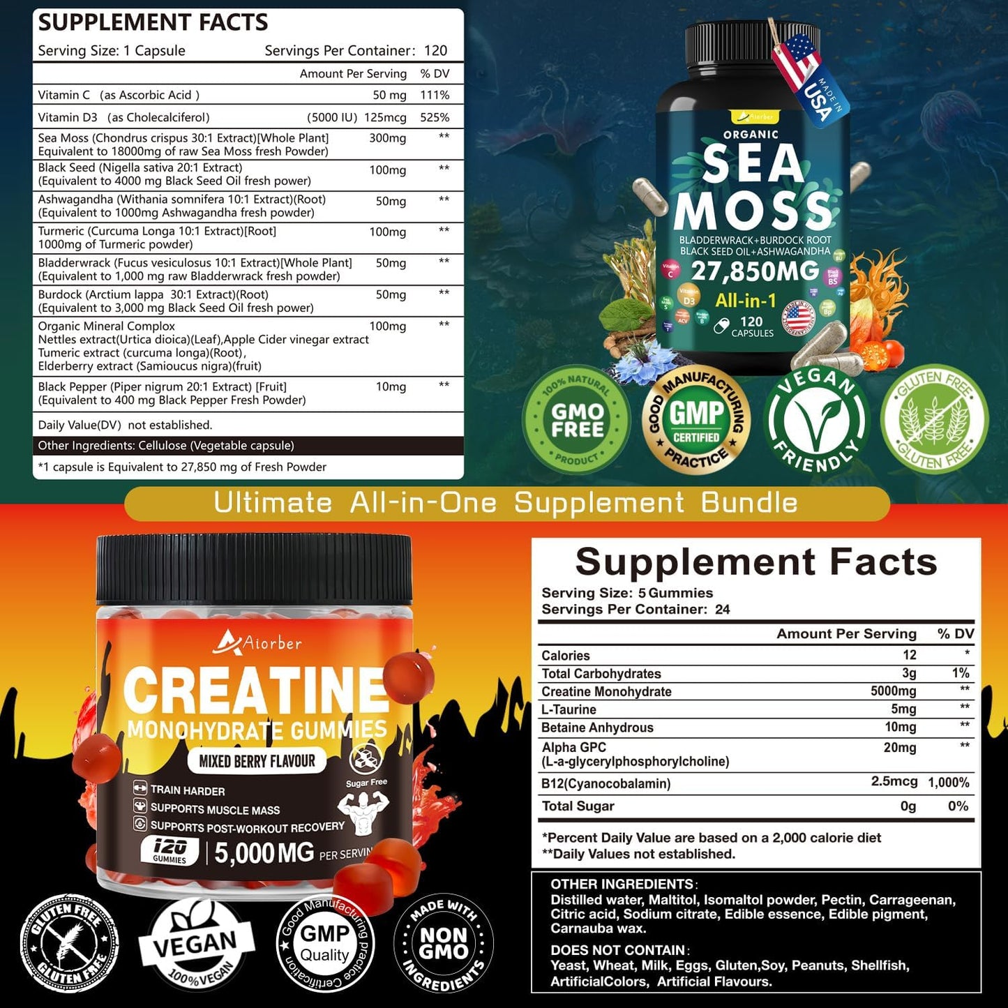 240 Count Sea Moss Creatine Monohydrate Gummies Bundle by Aiorber