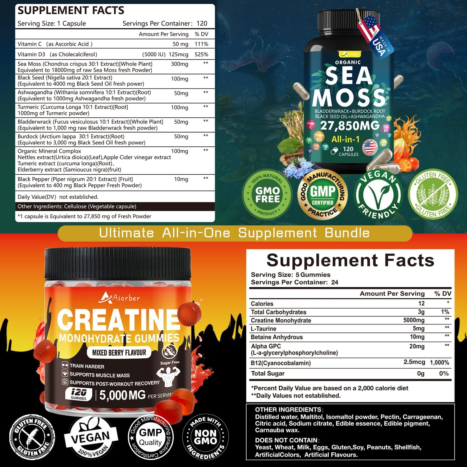 240 Count Sea Moss Creatine Monohydrate Gummies Bundle by Aiorber