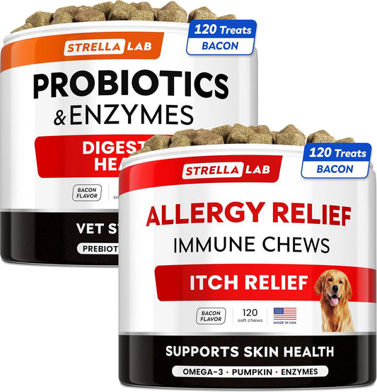 240 ct Strellalab Vet Strength Probiotics & Allergy Relief Bundle for Dogs - Chewable Fiber & Itchy Skin Treatment with Digestive Enzymes, Pumpkin, Upset Stomach & Hotspot Relief - Made in USA