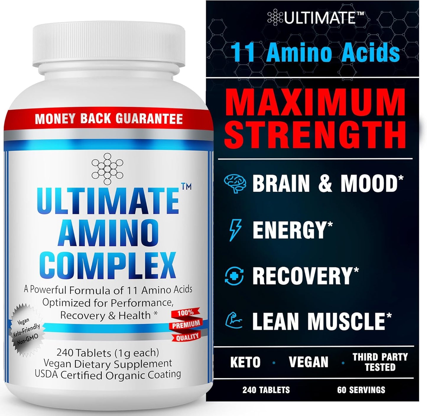 240 Easy-to-Swallow Amino Acid Tablets with Essential BCAAs - Boost Energy & Muscle Growth - Vegan & Non-GMO - Ultimate Amino Complex Supplement