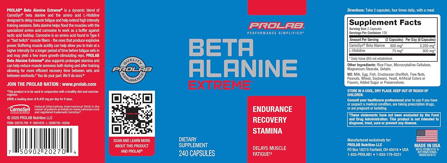 240 Pack Prolab Beta Alanine Extreme Capsules for Endurance and Performance