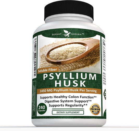 240 Potent Garden Psyllium Husk Capsules - Natural Soluble Fiber Supplement for Digestion & Regularity