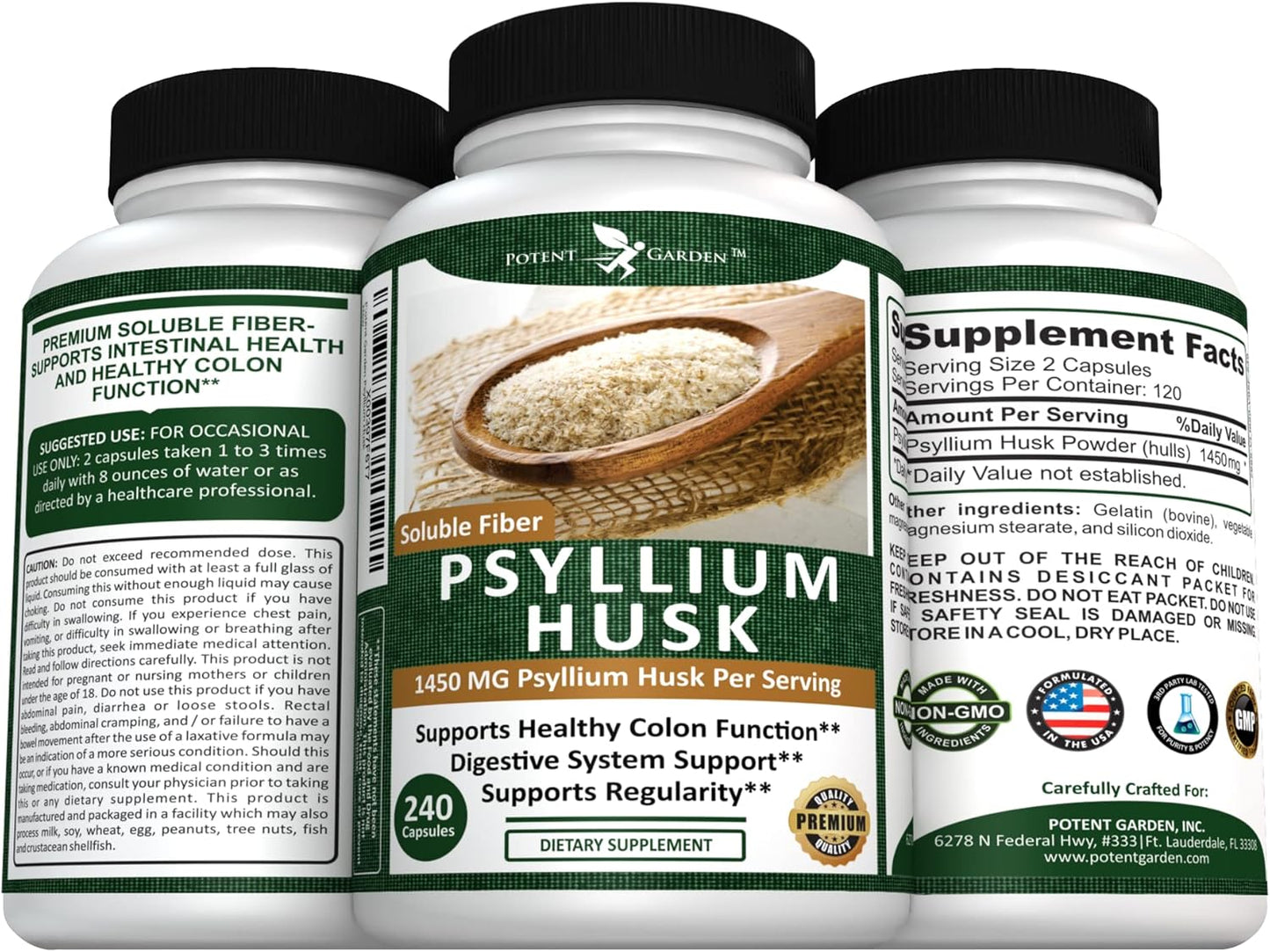 240 Potent Garden Psyllium Husk Capsules - Natural Soluble Fiber Supplement for Digestion & Regularity
