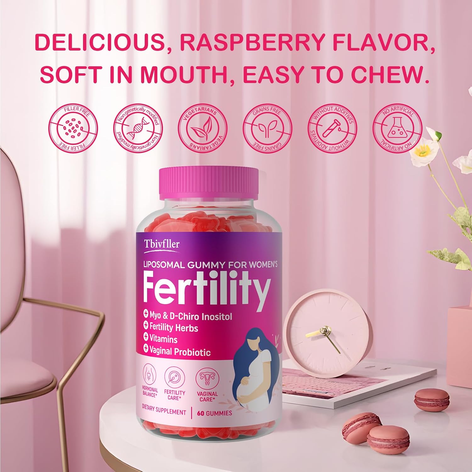 240 Raspberry Prenatal Gummies with Myo-Inositol & D-Chiro Inositol for Hormonal Balance & Fertility
