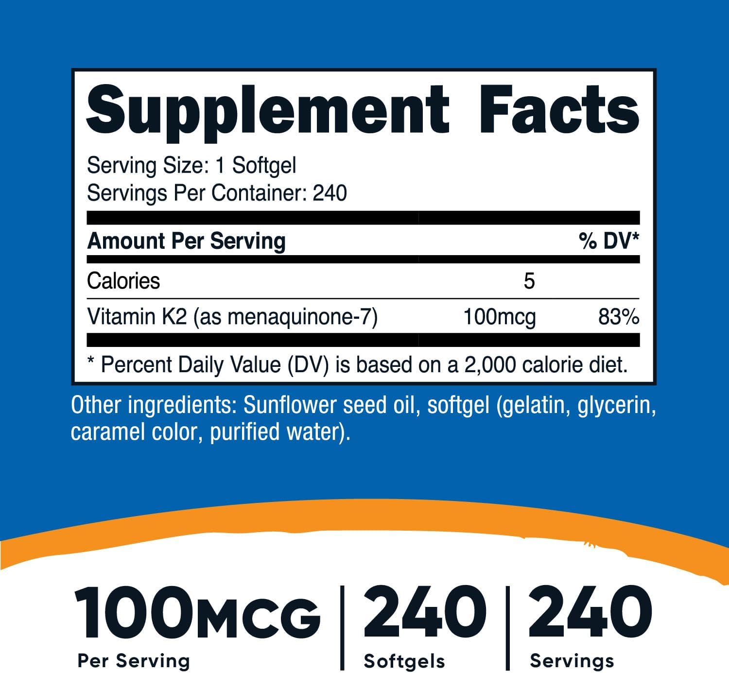 240 Softgels of Nutricost Vitamin K2 MK-7 100 mcg - Gluten Free & Non-GMO Formula
