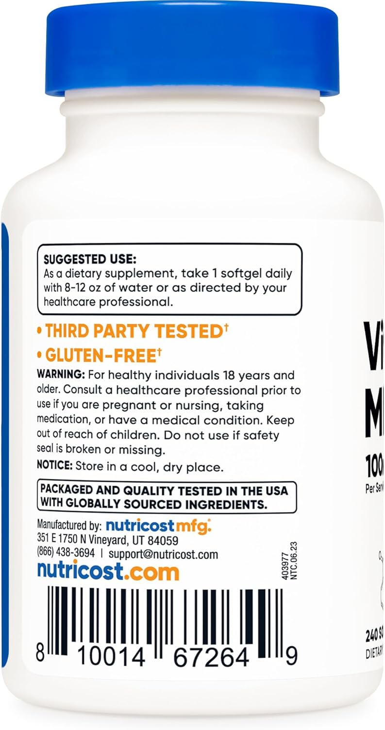 240 Softgels of Nutricost Vitamin K2 MK-7 100 mcg - Gluten Free & Non-GMO Formula