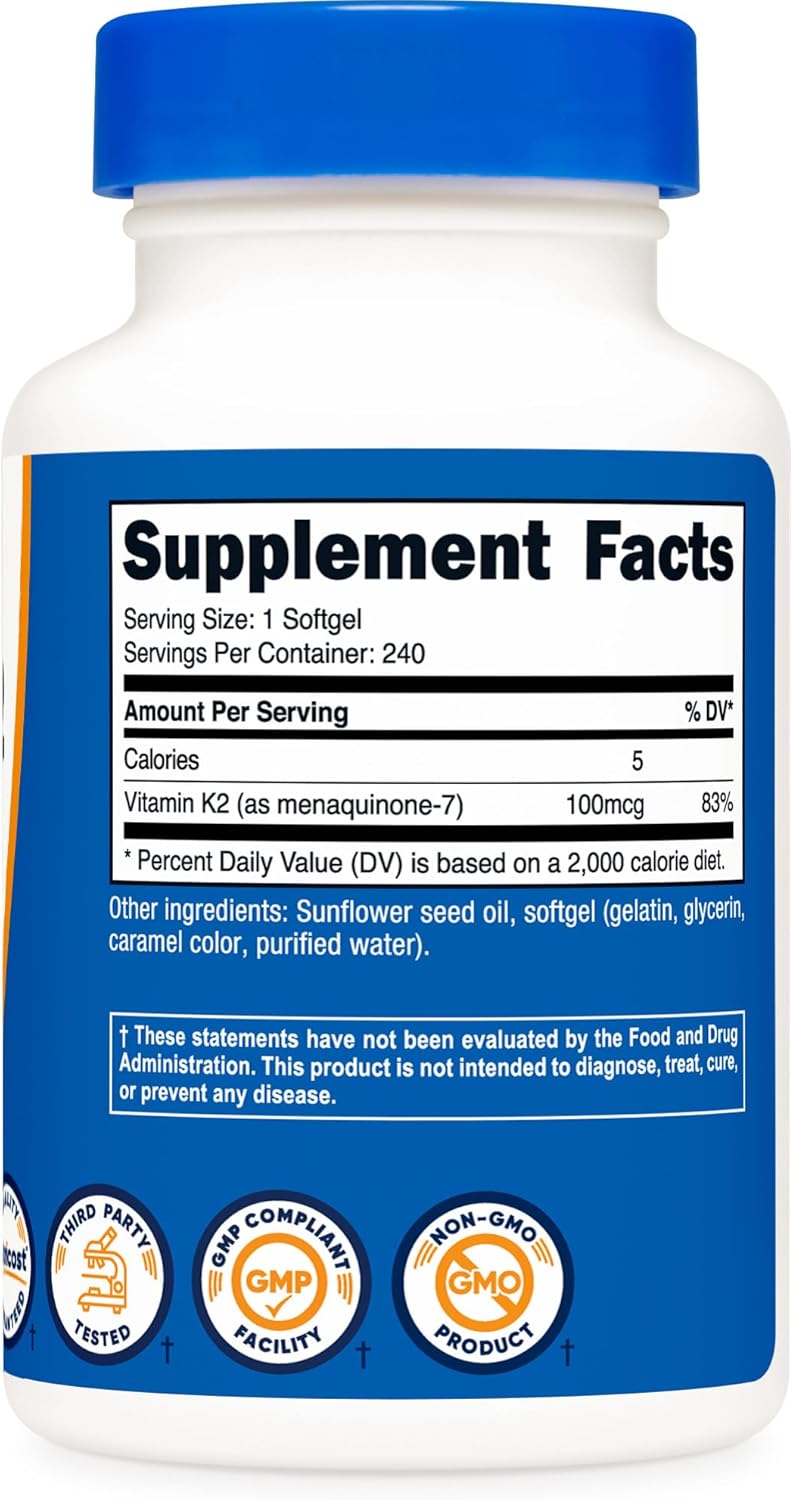 240 Softgels of Nutricost Vitamin K2 MK-7 100 mcg - Gluten Free & Non-GMO Formula