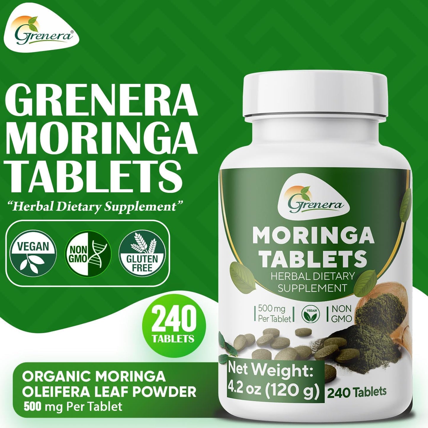 240 Uncoated Grenera Moringa Tablets - Pure Malunggay Herbal Supplement, Green Superfood, Lab Tested for Purity, No Chemical Coating
